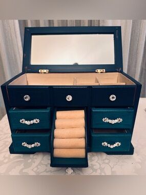 Teal Wooden Jewelry Chest with Multiple Drawers and Music Box plays “Evergreen “